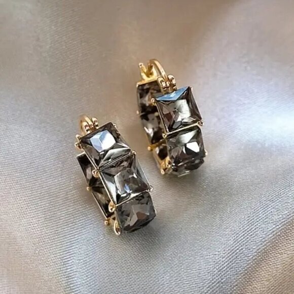 Jewelry - Gold Tone Huggie Earrings w/ Black Princess Cut Stones and Tons of Bling #1491